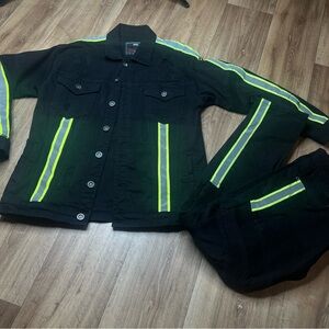 Focus Authentic Wear Matching Jacket(2X) & Pants Black W Reflective Lines(36X34)